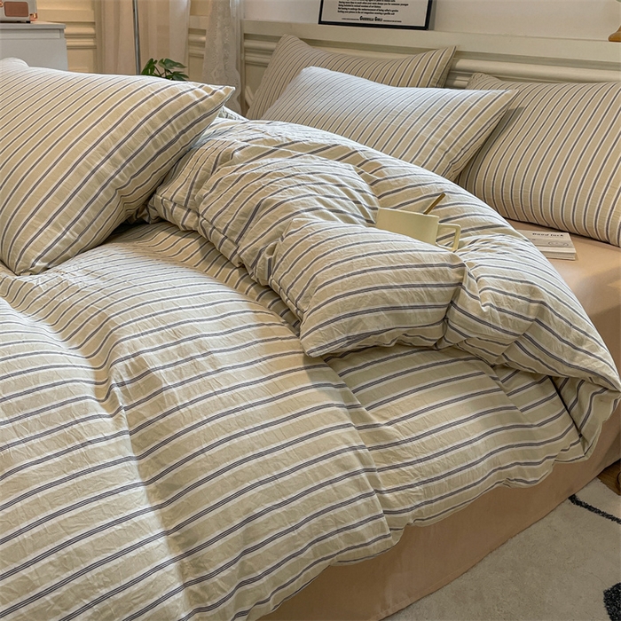 91家纺网 家纺一手货源 找家纺 盛秋家纺 2025新款水洗棉格子系列四件套泡芙黄+奶茶