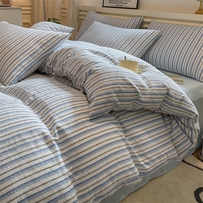 91家纺网 家纺一手货源 找家纺 盛秋家纺 2025新款水洗棉格子系列四件套蓝苏条+天空蓝