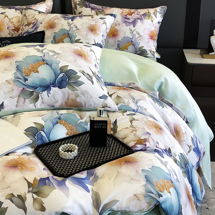 91家纺网 家纺一手货源 找家纺 立奥被业 2025年新款100%兰精天丝四件套天丝数码印花四件套 牡丹绿