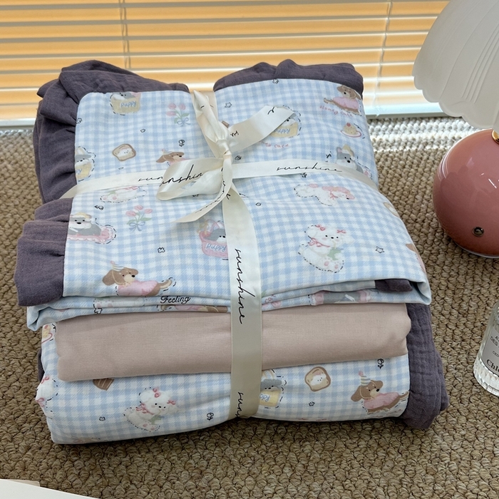 91家纺网 家纺一手货源 找家纺 荣轩 2024新款全棉印花双层纱四件套 皱皱纱花边款 小狗布朗尼