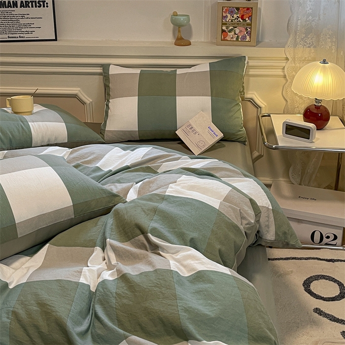 91家纺网 家纺一手货源 找家纺 盛秋家纺 2025新款水洗棉格子系列四件套 绿大格+明灰