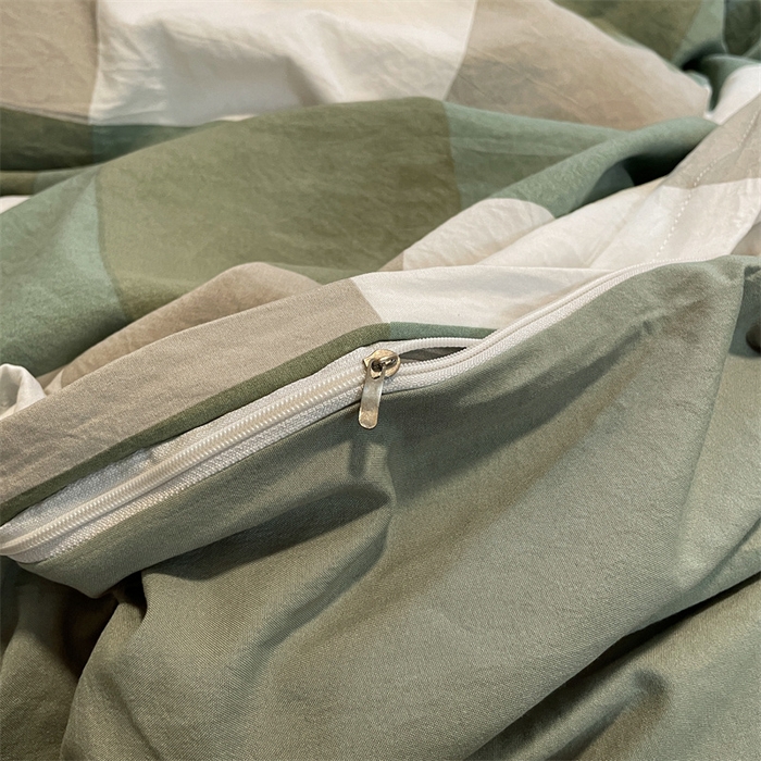 91家纺网 家纺一手货源 找家纺 盛秋家纺 2025新款水洗棉格子系列四件套 绿大格+明灰