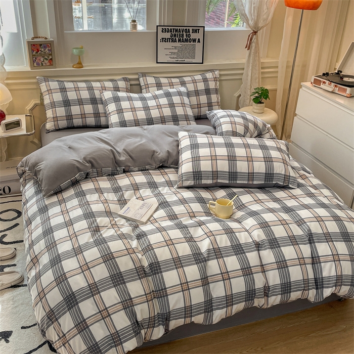 91家纺网 家纺一手货源 找家纺 盛秋家纺 2025新款水洗棉格子系列四件套瑞克+中灰