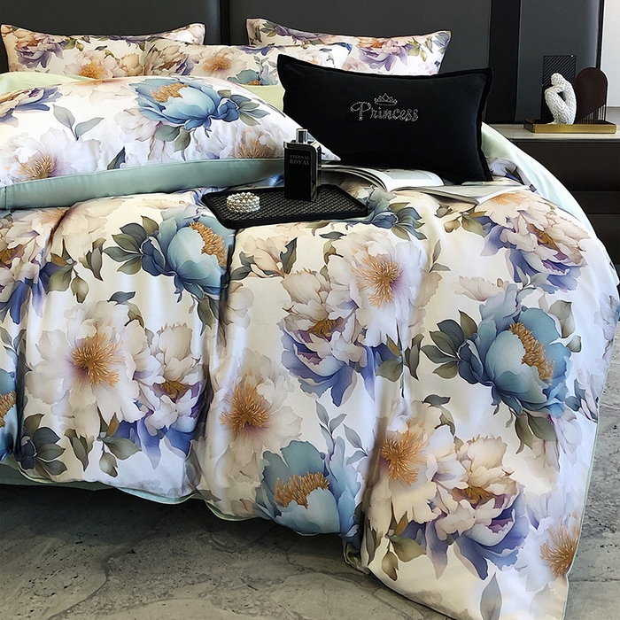 91家纺网 家纺一手货源 找家纺 立奥被业 2025年新款100%兰精天丝四件套天丝数码印花四件套 牡丹绿