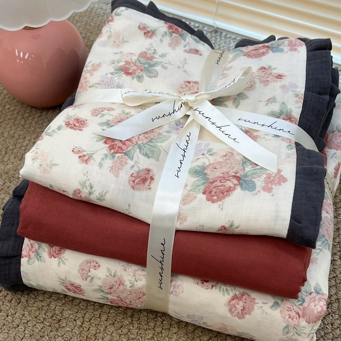 91家纺网 家纺一手货源 找家纺 荣轩 2024新款全棉印花双层纱四件套 皱皱纱花边款 月桂璎珞