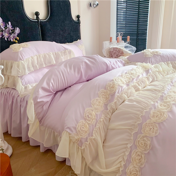 91家纺网 家纺一手货源 找家纺 （总）富盛家纺 2025新款水洗亲肤棉盘花刺绣床裙款四件套公主风四件套甜蜜蜜系列