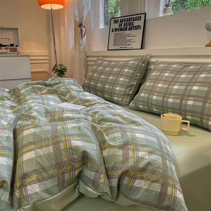 91家纺网 家纺一手货源 找家纺 盛秋家纺 2025新款水洗棉格子系列四件套 伯曼+灰绿