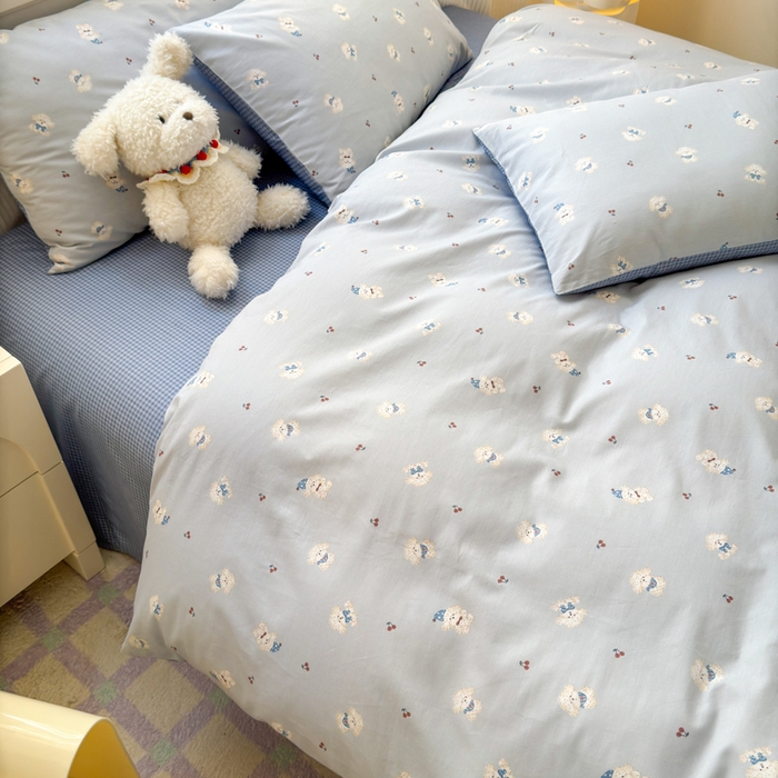 91家纺网 家纺一手货源 找家纺 清雅福 2025全棉13372小清新四件套和单被套早春系列第二批--四件套 小狗宝莉·蓝