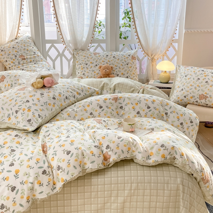 91家纺网 家纺一手货源 找家纺 帅露家纺 2025开春新品全棉喷气13070小清新印花纯棉全棉四件套 朵朵熊