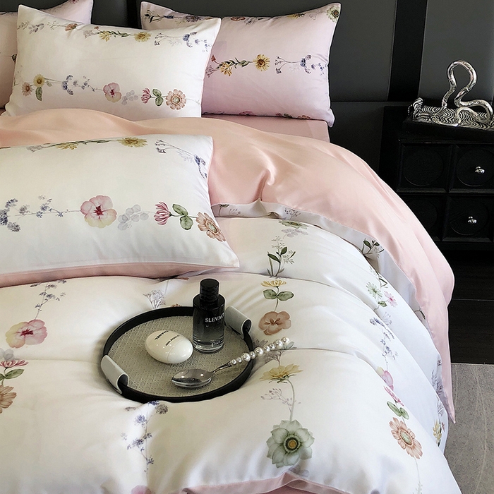 91家纺网 家纺一手货源 找家纺 立奥被业 2025年新款100%兰精天丝四件套天丝数码印花四件套 余梦粉