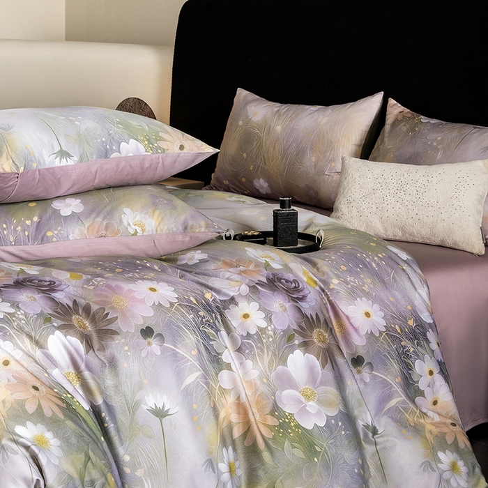 91家纺网 家纺一手货源 找家纺 立奥被业 2025新款60S数码印花四件套四件套 繁花紫