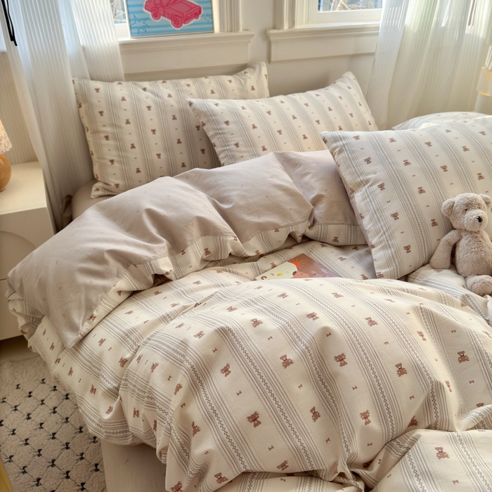 91家纺网 家纺一手货源 找家纺 清雅福 2025全棉13372小清新四件套和单被套早春系列第二批--四件套 北欧熊