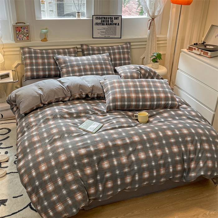 91家纺网 家纺一手货源 找家纺 盛秋家纺 2025新款水洗棉格子系列四件套 洛卡+中灰