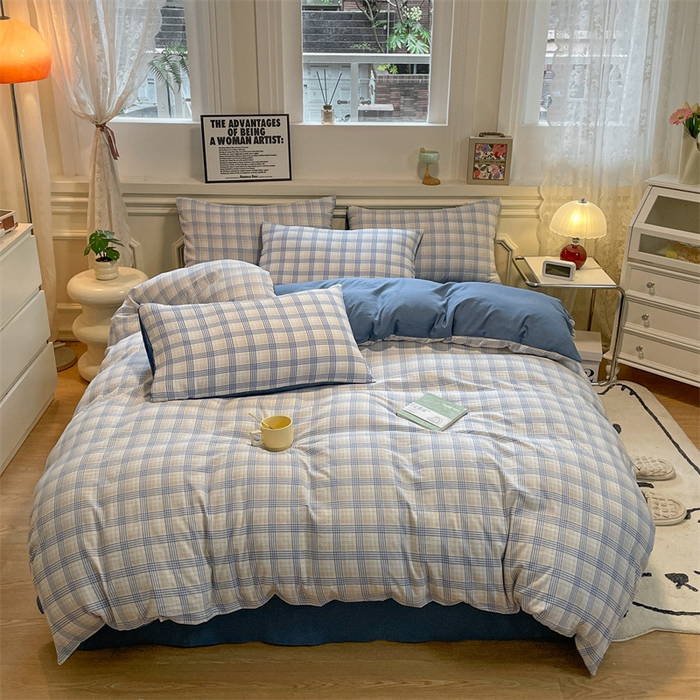 91家纺网 家纺一手货源 找家纺 盛秋家纺 2025新款水洗棉格子系列四件套 博克+蓝灰