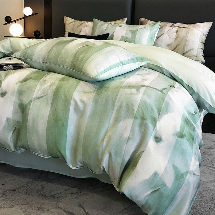 91家纺网 家纺一手货源 找家纺 立奥被业 2025年新款100%兰精天丝四件套天丝数码印花四件套 雨荷绿