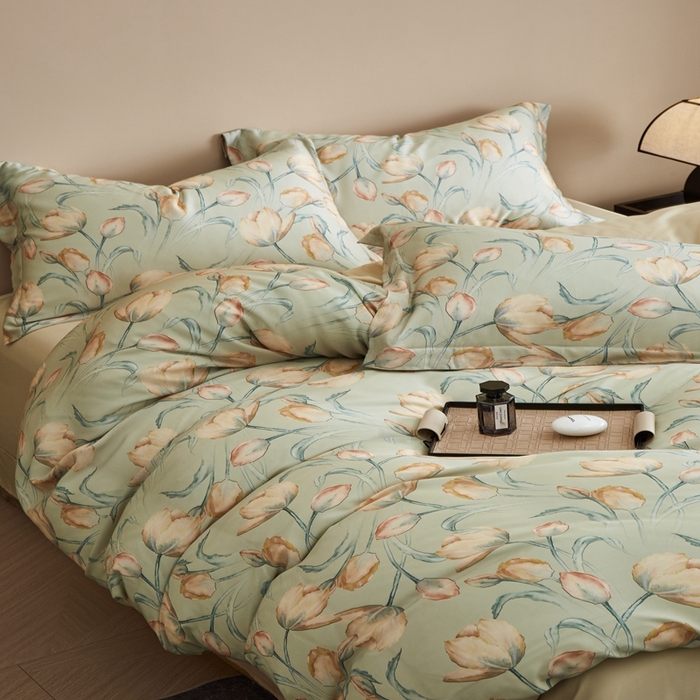 91家纺网 家纺一手货源 找家纺 顾家家居 2025新款莱塞尔数码印花四件套 林间蜜杏