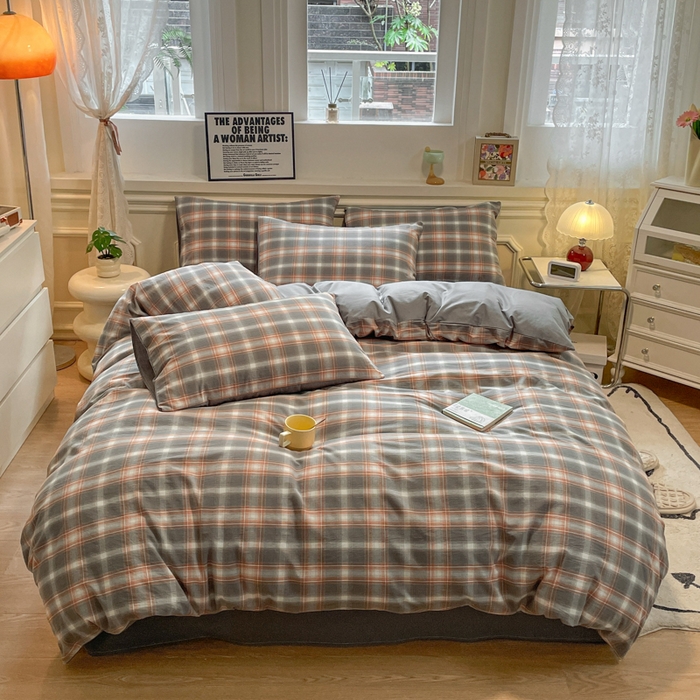 91家纺网 家纺一手货源 找家纺 盛秋家纺 2025新款水洗棉格子系列四件套 洛卡+中灰