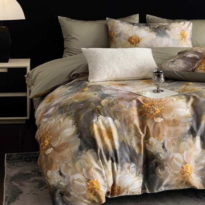 91家纺网 家纺一手货源 找家纺 立奥被业 2025新款60S数码印花四件套四件套 秋菊绿