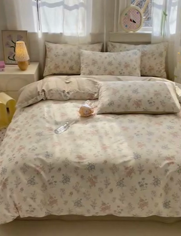 91家纺网 家纺一手货源 找家纺 清雅福 2025全棉13372小清新四件套和单被套早春系列第二批--四件套 夜伴花香·米