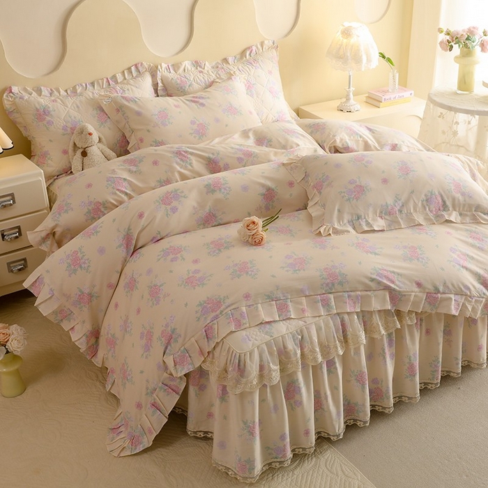 91家纺网 家纺一手货源 找家纺 美达家纺 2025新款全棉印花床裙四件套 幽香私语黄