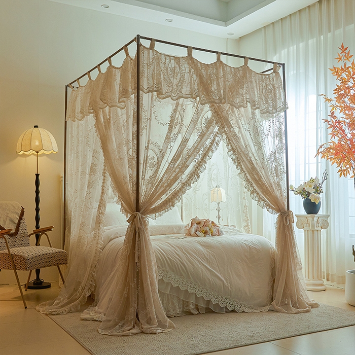 91家纺网 家纺一手货源 找家纺 都市缘蚊帐 2025新款A902穿杆落地宫廷蚊帐烤漆支架款 902薇尔庄园-奶油杏