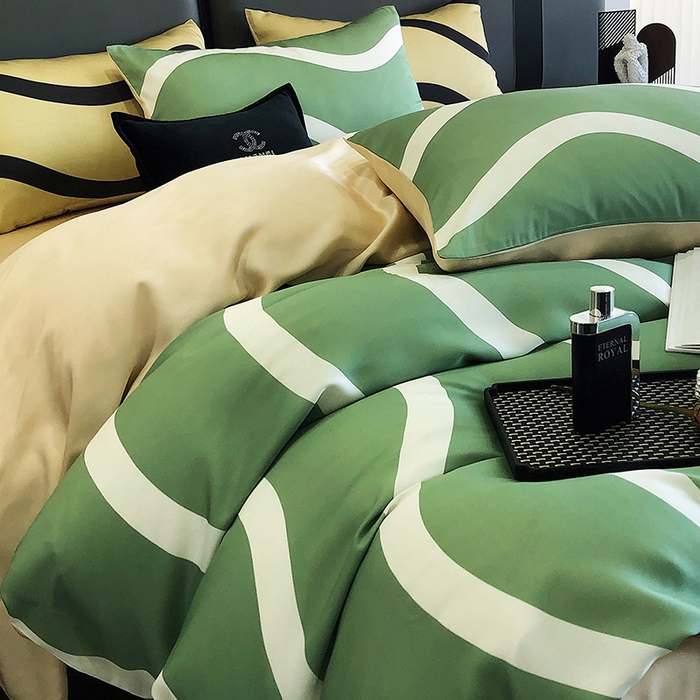 91家纺网 家纺一手货源 找家纺 立奥被业 2025年新款100%兰精天丝四件套天丝数码印花四件套 条纹绿