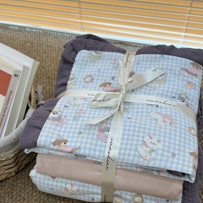 91家纺网 家纺一手货源 找家纺 荣轩 2024新款全棉印花双层纱四件套 皱皱纱花边款 小狗布朗尼