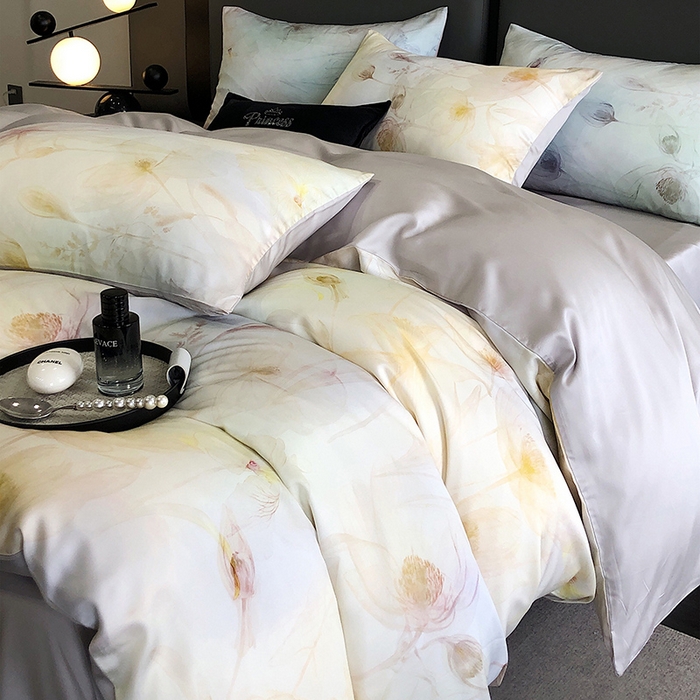 91家纺网 家纺一手货源 找家纺 立奥被业 2025年新款100%兰精天丝四件套天丝数码印花四件套 水仙灰