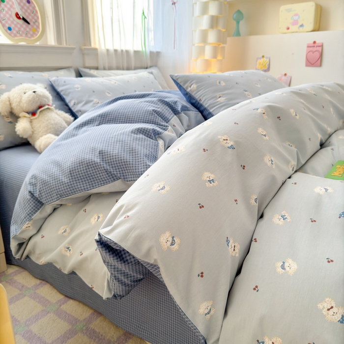 91家纺网 家纺一手货源 找家纺 清雅福 2025全棉13372小清新四件套和单被套早春系列第二批--单枕套 小狗宝莉·蓝