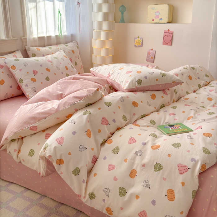 91家纺网 家纺一手货源 找家纺 清雅福 2025全棉13372小清新四件套和单被套早春系列第二批--四件套 南瓜佳人