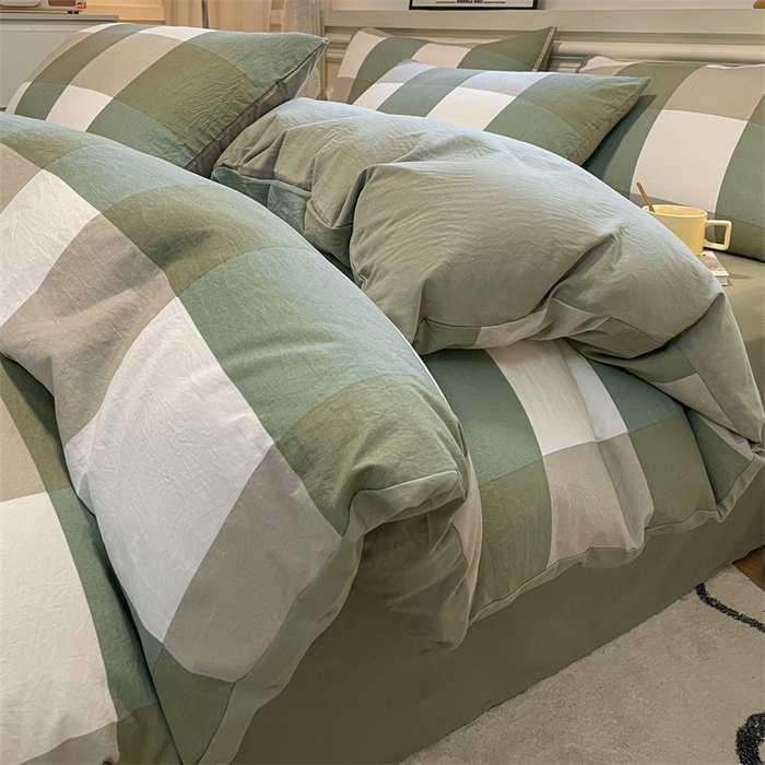 91家纺网 家纺一手货源 找家纺 盛秋家纺 2025新款水洗棉格子系列四件套 绿大格+明灰