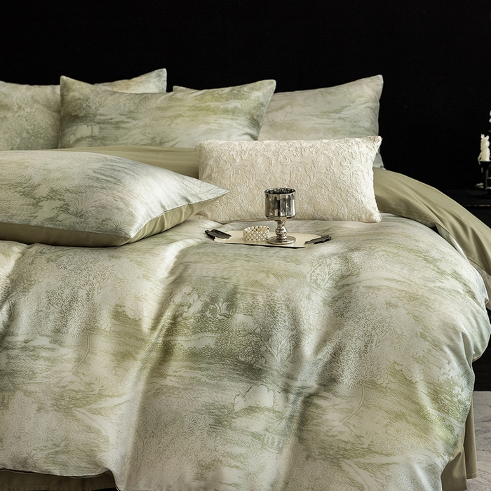 91家纺网 家纺一手货源 找家纺 立奥被业 2025新款60S数码印花四件套四件套 墨屿-绿