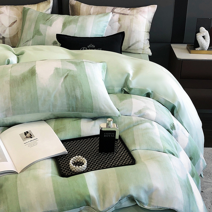 91家纺网 家纺一手货源 找家纺 立奥被业 2025年新款100%兰精天丝四件套天丝数码印花四件套 雨荷绿