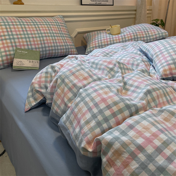91家纺网 家纺一手货源 找家纺 盛秋家纺 2025新款水洗棉格子系列四件套 朵拉+海清
