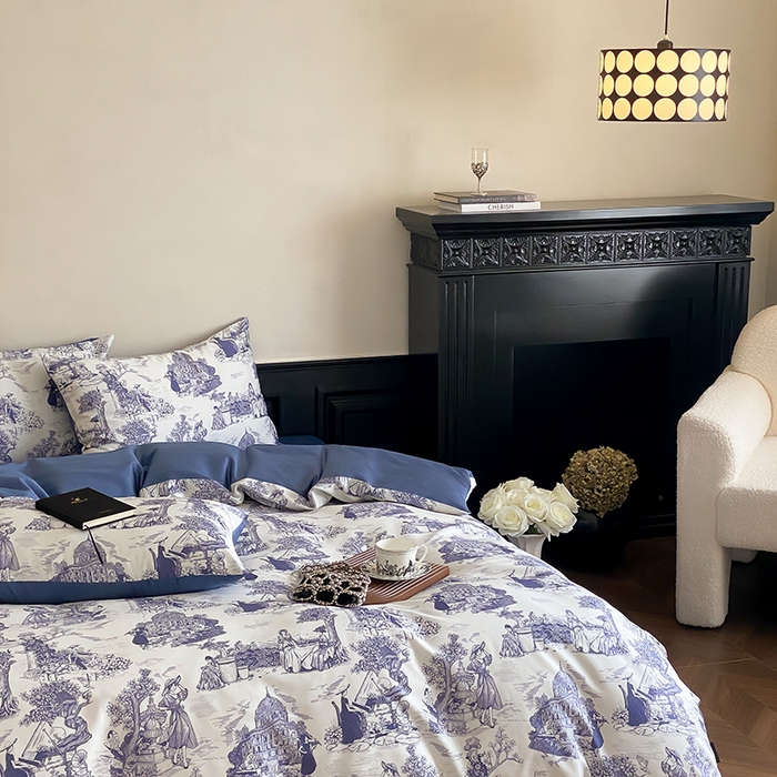 91家纺网 家纺一手货源 找家纺 赫帛 2025新款赫本猫联名系列四件套-南法庄园 南法庄园-复古蓝