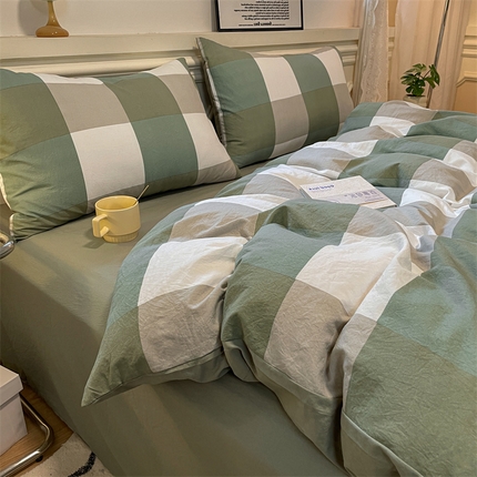 盛秋家纺 2025新款水洗棉格子系列四件套 绿大格+明灰