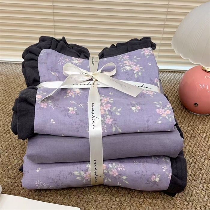 91家纺网 家纺一手货源 找家纺 荣轩 2024新款全棉印花双层纱四件套 皱皱纱花边款 闻汐