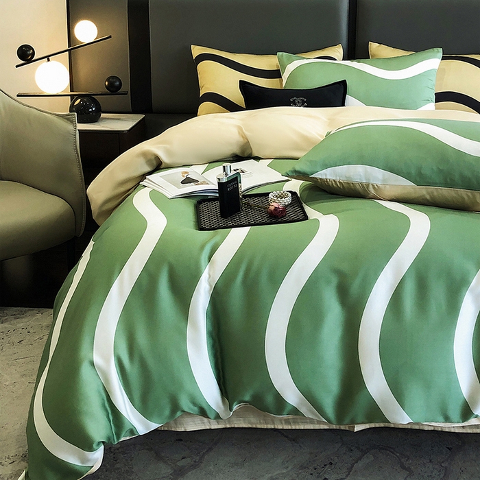 91家纺网 家纺一手货源 找家纺 立奥被业 2025年新款100%兰精天丝四件套天丝数码印花四件套 条纹绿