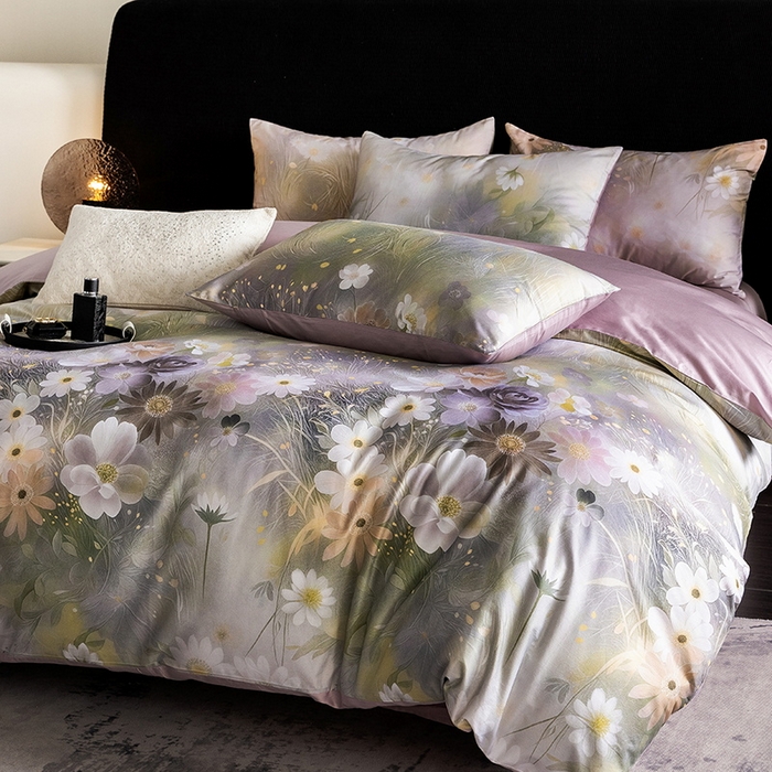 91家纺网 家纺一手货源 找家纺 立奥被业 2025新款60S数码印花四件套四件套 繁花紫