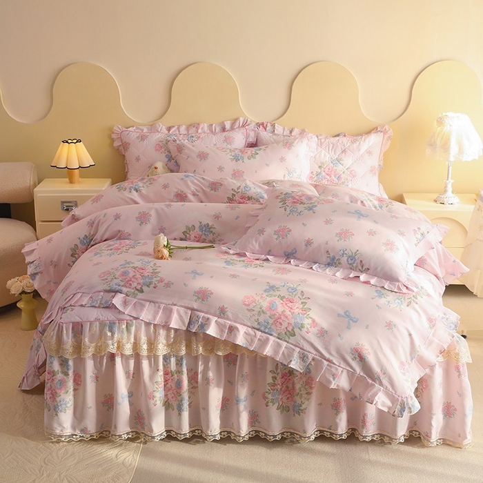 91家纺网 家纺一手货源 找家纺 美达家纺 2025新款全棉印花床裙四件套 夏花依旧