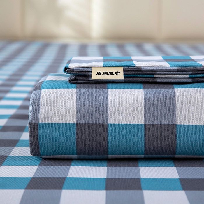 91家纺网 家纺一手货源 找家纺 帛洵2025新款原棉老粗布床单 灰蓝格子
