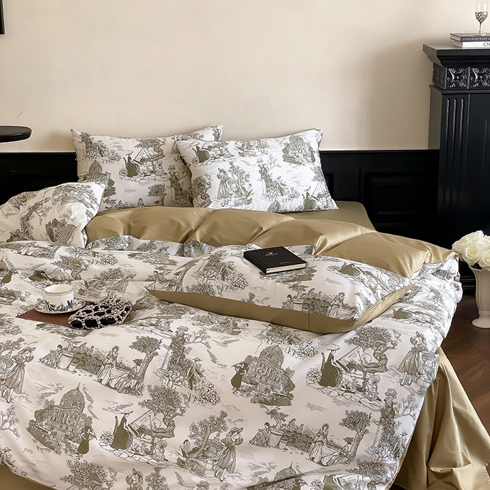 91家纺网 家纺一手货源 找家纺 赫帛 2025新款赫本猫联名系列四件套-南法庄园 南法庄园-复古绿