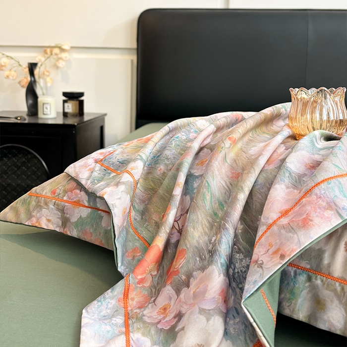 91家纺网 家纺一手货源 找家纺 帛美家纺 2025新款40S莱赛尔天丝棉数码印花四件套 翠玉纹