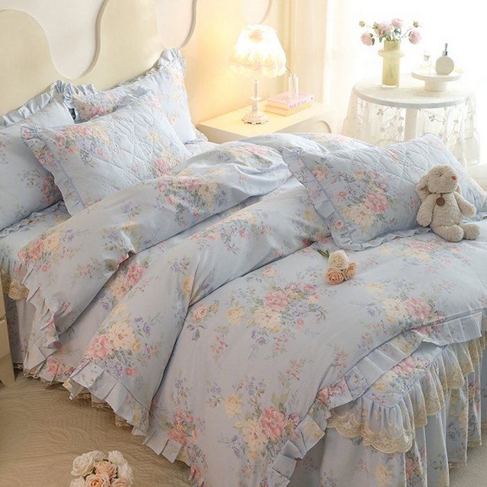 91家纺网 家纺一手货源 找家纺 美达家纺 2025新款全棉印花床裙四件套 栀夏海棠-蓝