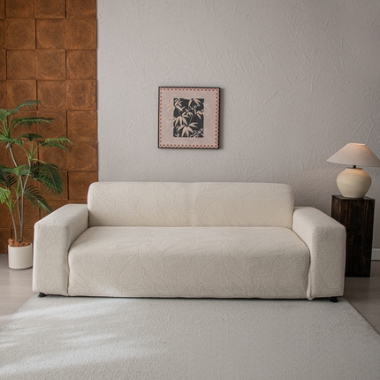 91家纺网 家纺一手货源 找家纺 逐日沙发套 2025新款提花绒沙发套-叶沙 米白