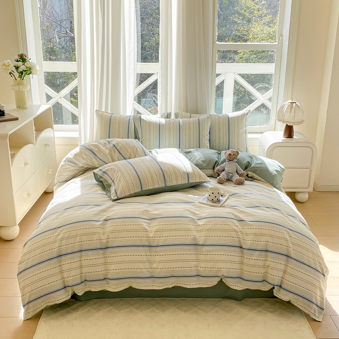 91家纺网 家纺一手货源 找家纺 帅露家纺 2025开春新品全棉喷气13070小清新印花纯棉全棉四件套 海盐柚子