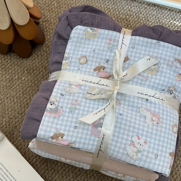 91家纺网 家纺一手货源 找家纺 荣轩 2024新款全棉印花双层纱四件套 皱皱纱花边款 小狗布朗尼