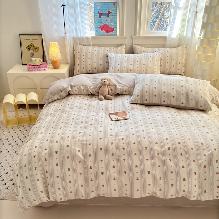 91家纺网 家纺一手货源 找家纺 清雅福 2025全棉13372小清新四件套和单被套早春系列第二批--四件套 北欧熊