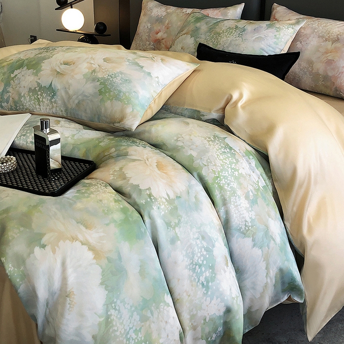 91家纺网 家纺一手货源 找家纺 立奥被业 2025年新款100%兰精天丝四件套天丝数码印花四件套 蜜合金