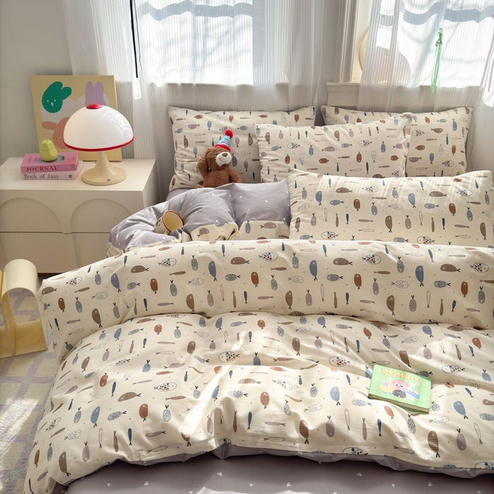 91家纺网 家纺一手货源 找家纺 清雅福 2025全棉13372小清新四件套和单被套早春系列第二批--四件套 鱼多多